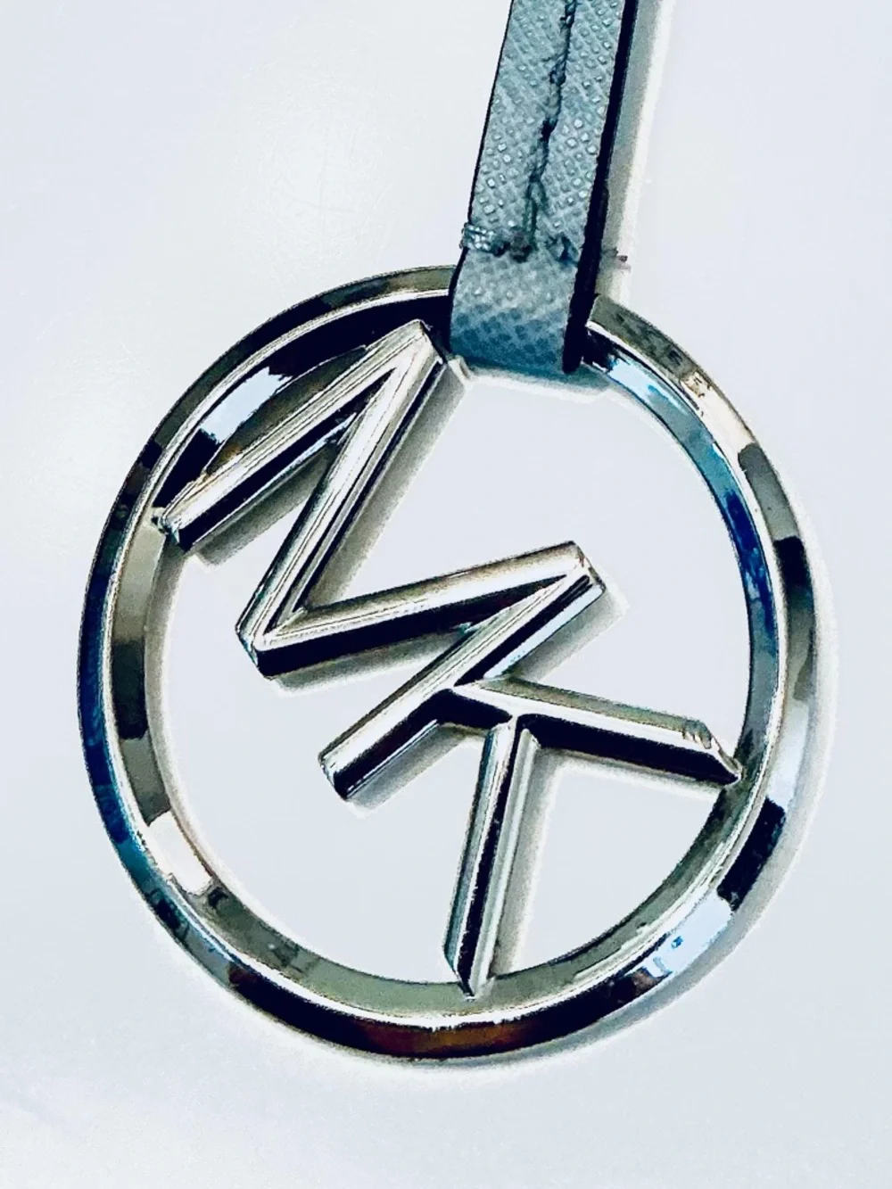 MICHAEL KORS, Silver MK Circle Keyring with Pale Blue Leather Strap